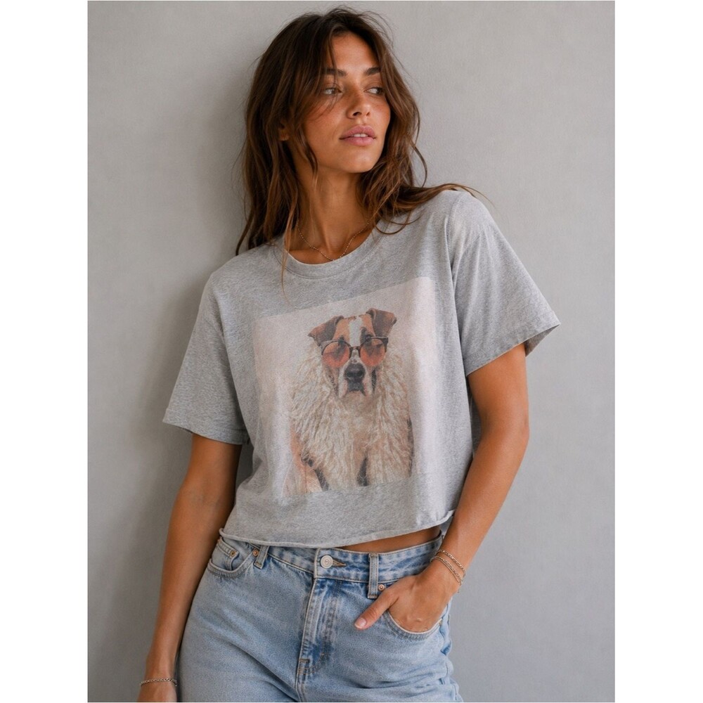 NWT Offline by Aerie Dog Graphic Cropped T-Shirt Gray Cotton Tee XS T/P